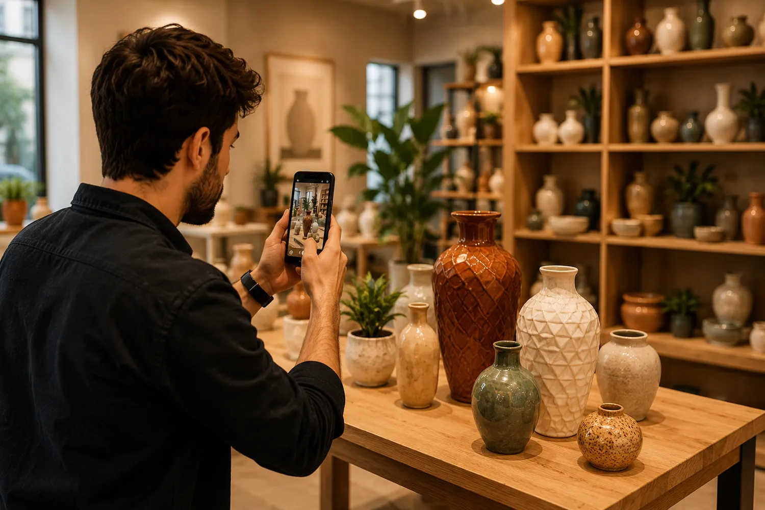 A seller photographing products on a shelf